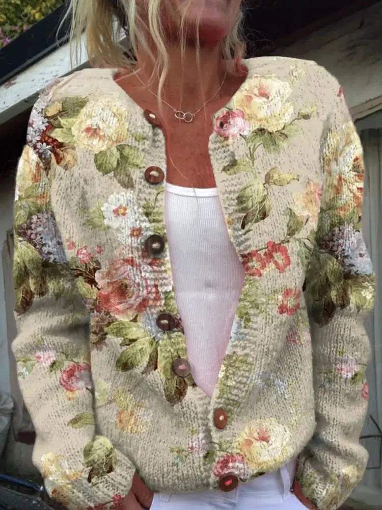 Elegant Floral Print Collarless Long Sleeve Cardigan