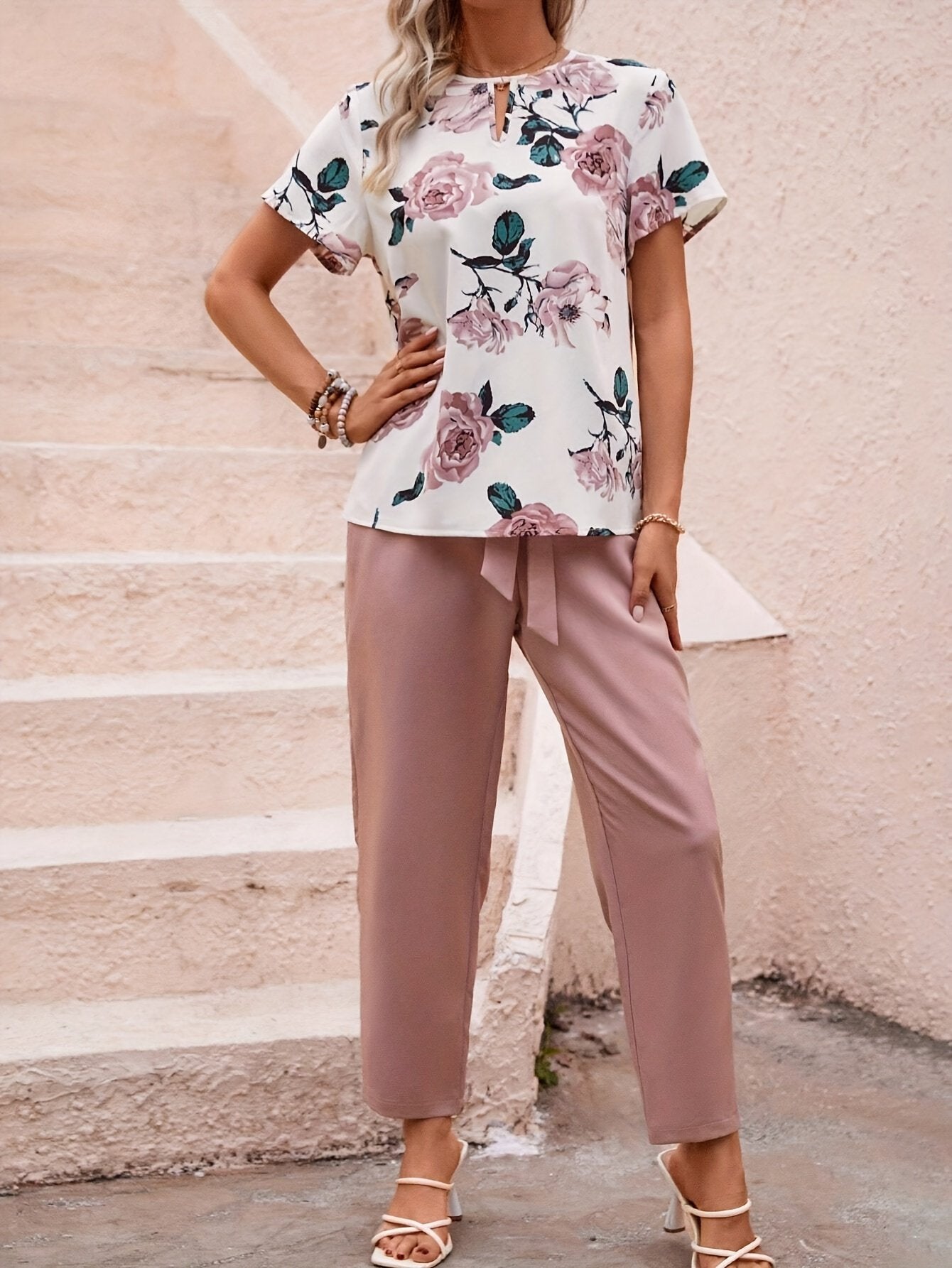 Elegant Floral Print Short Sleeve Two Piece Set