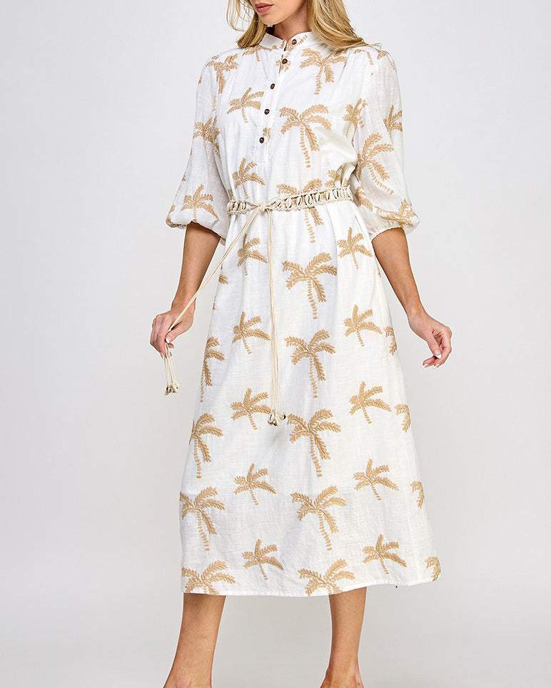 Palms Embroidered Belt Midi Dress