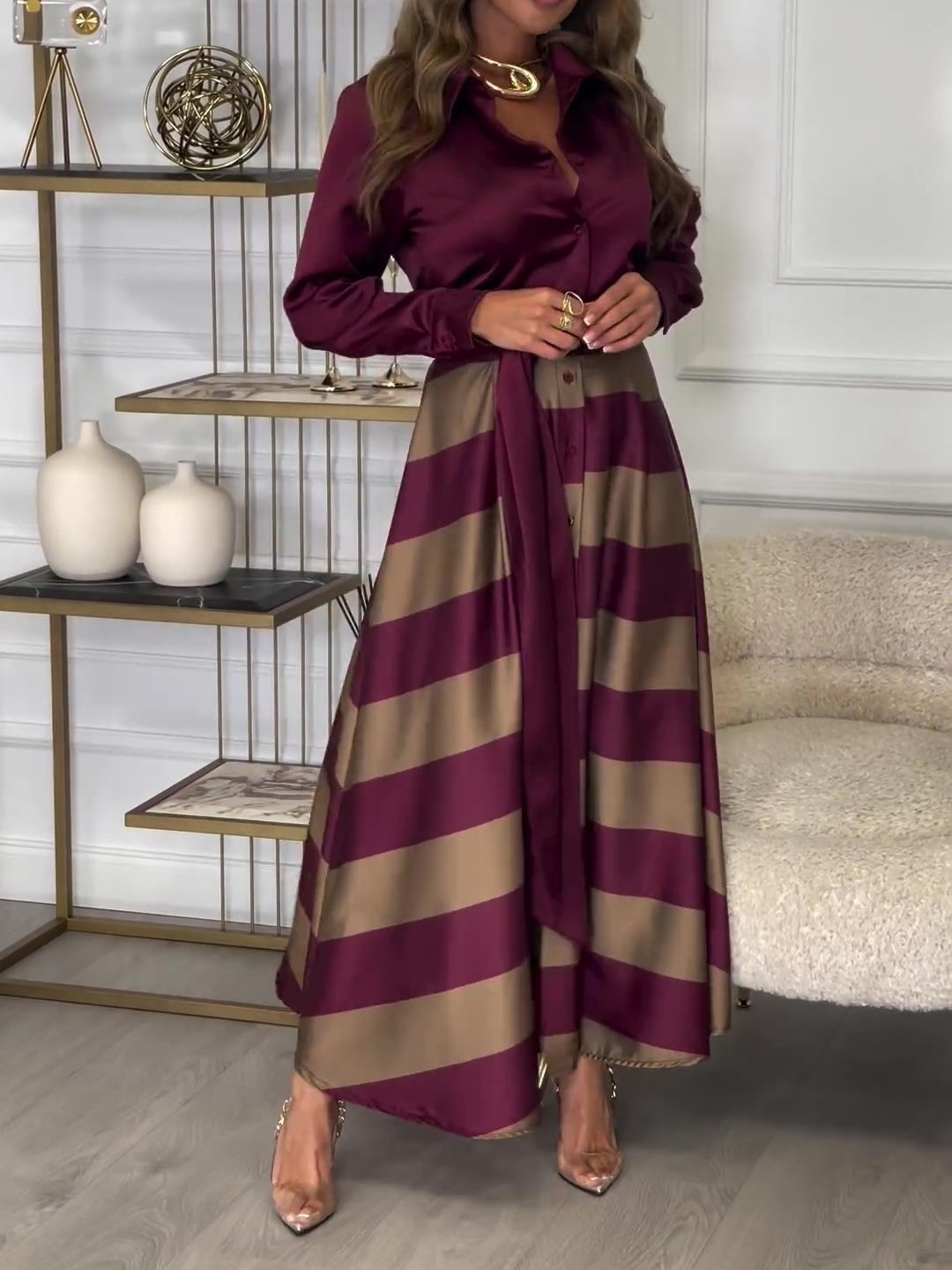 Burgundy Patchwork Shirt Maxi Dress