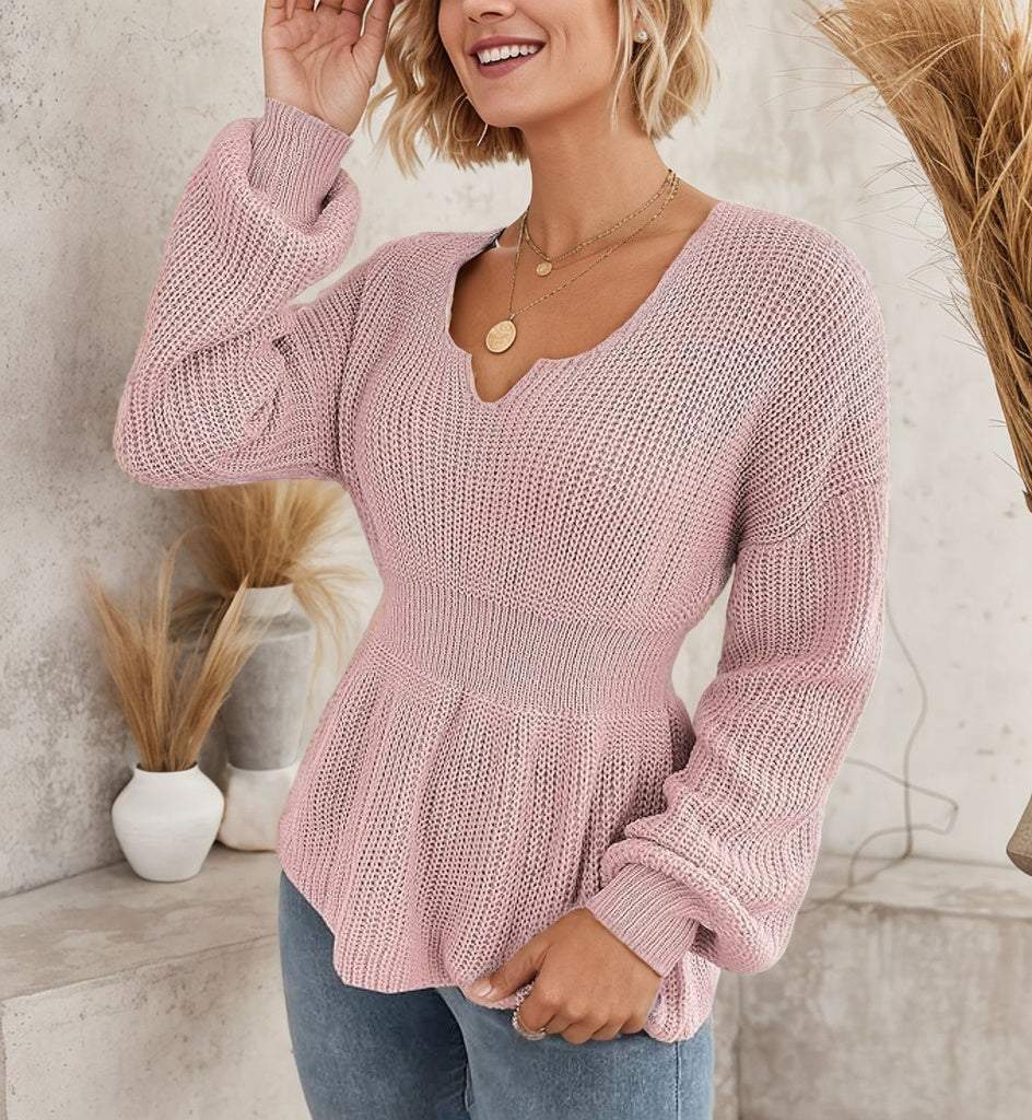 Sweet Pink Plain Notched Neck Long Sleeve Sweater