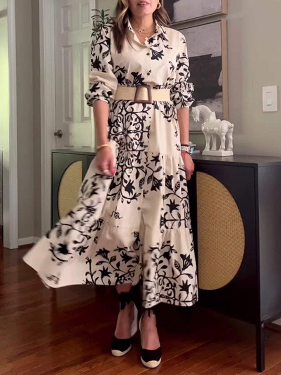 Stylish Collared Printed Long Sleeve Maxi Dress