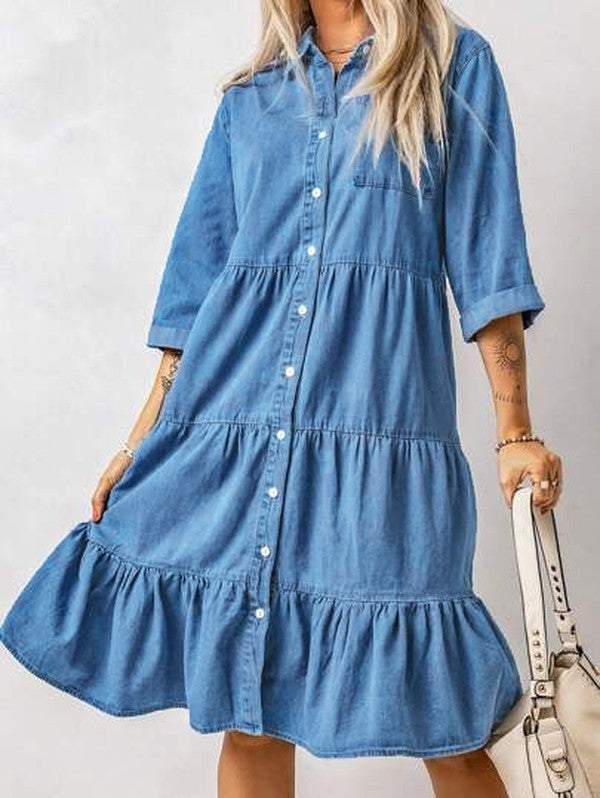 Blue Collared 3/4 Sleeve Denim Mini Dress