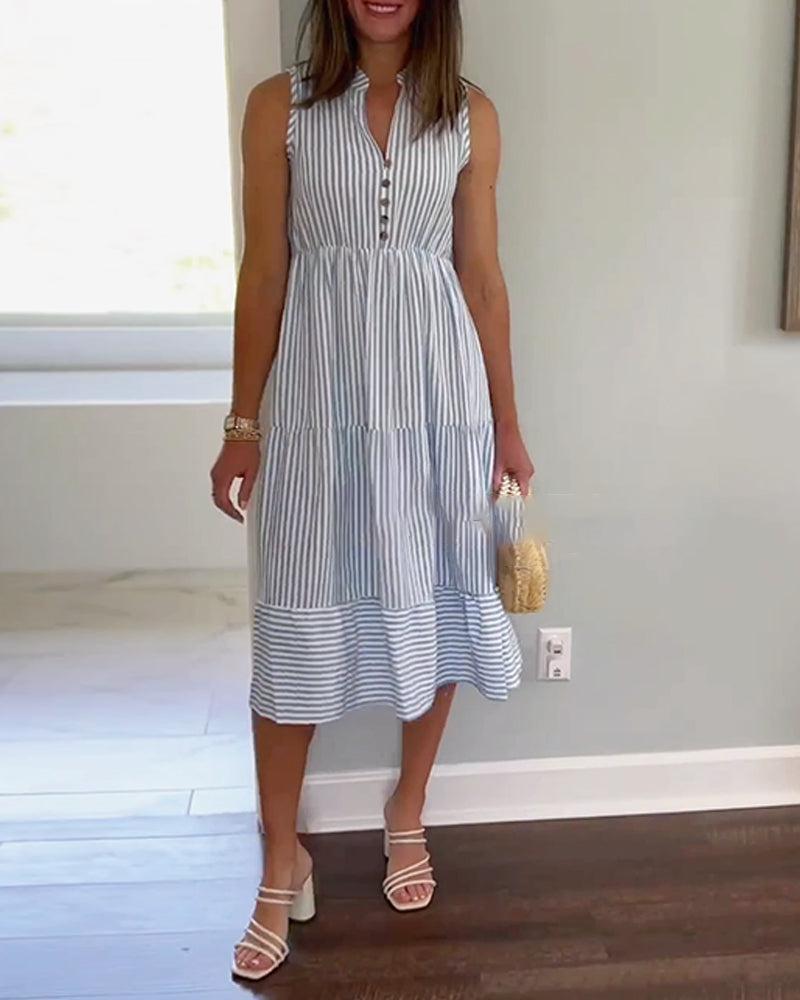 Trendy Striped Print V-Neck Midi Dress