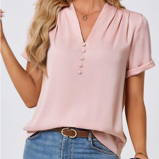 Pink Plain V-Neck Short Sleeve Top