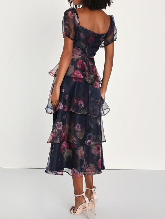 Chic Navy Fall Floral Party Maxi Dress