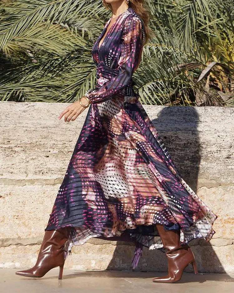 Elegant Multicolor Long Sleeve Maxi Dress