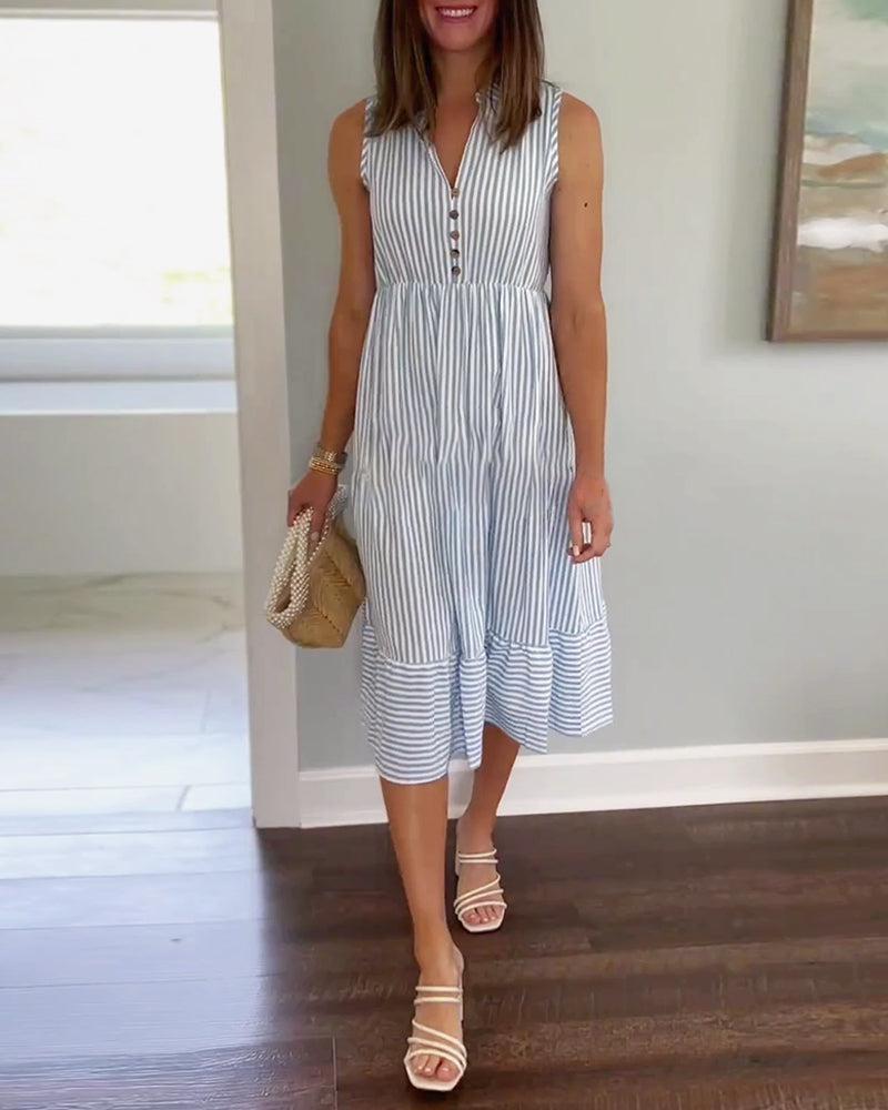 Trendy Striped Print V-Neck Midi Dress