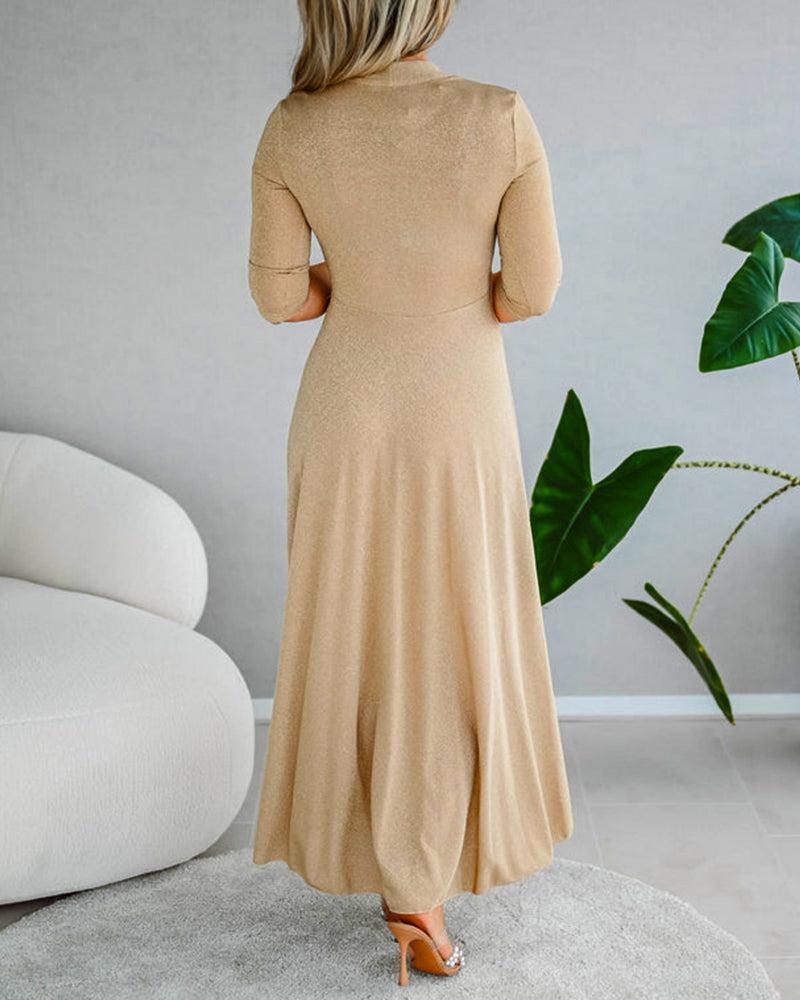 Gold Plain V-Neck Long Sleeve Maxi Dress