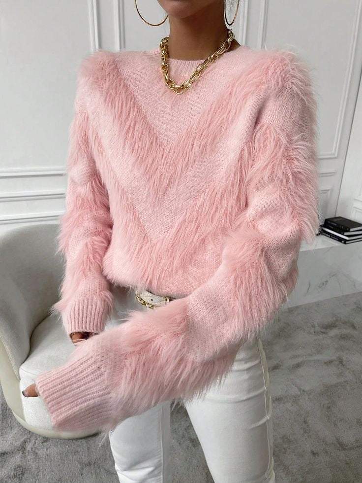 Pink Plain Round Neck Sweater