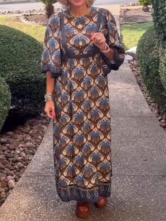 Chic Brown Wide Sleeve Printed Maxi Dress