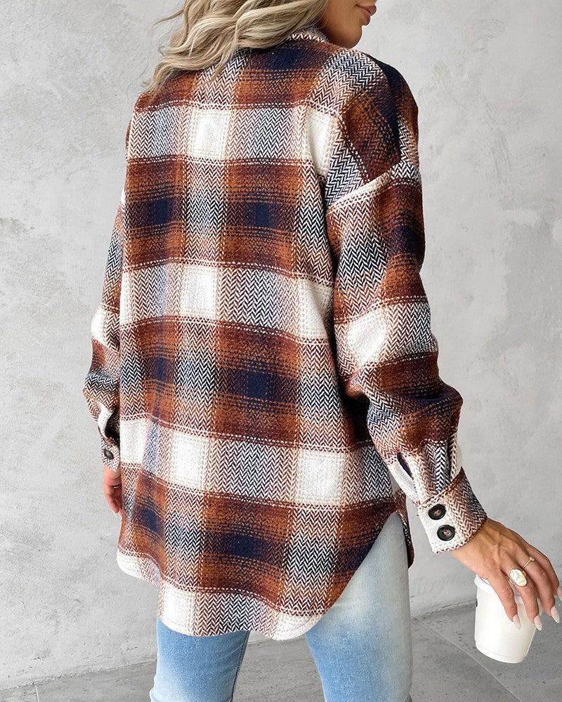 Brown Check Print Collared Long Sleeve Outerwear