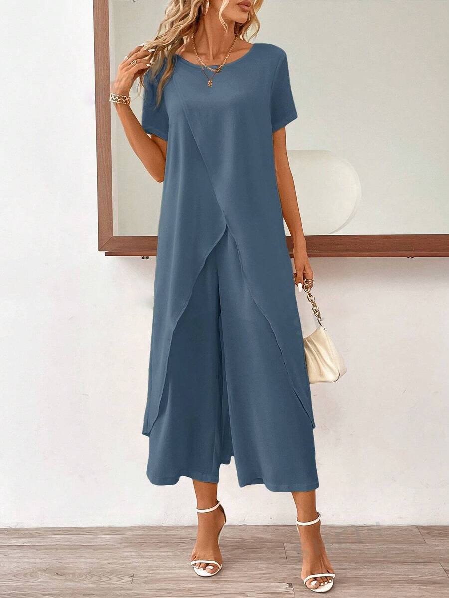 Blue Round Neck Two Piece Set