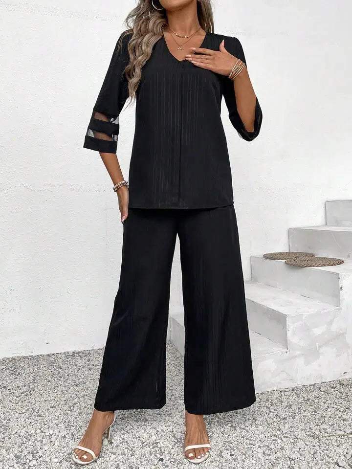 Black Plain 3/4 Sleeve V-Neck Two Piece Set