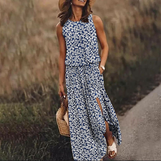 Chic Ditsy Floral Print Side Pocket Maxi Dress