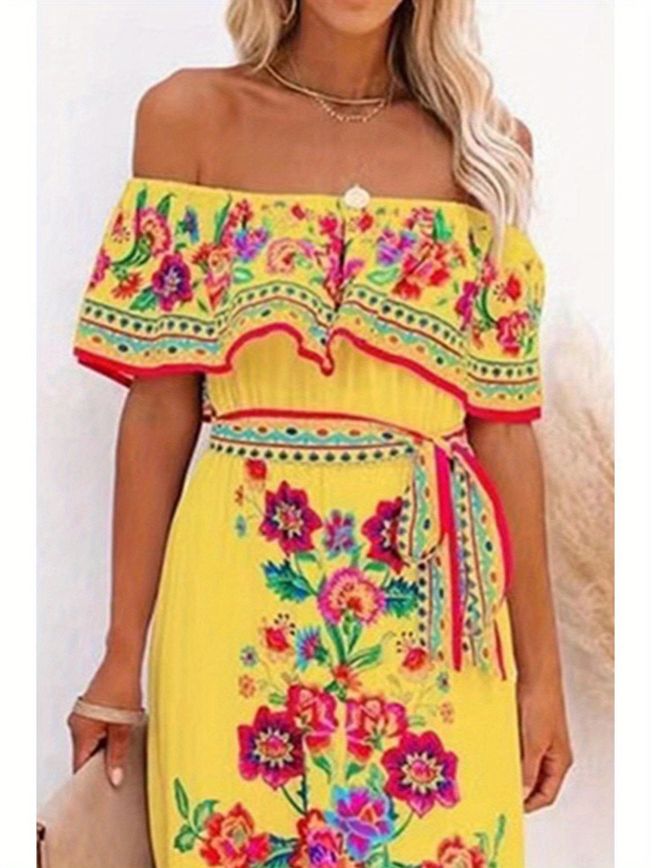 Floral Print Off Shoulder A-line Maxi Dress