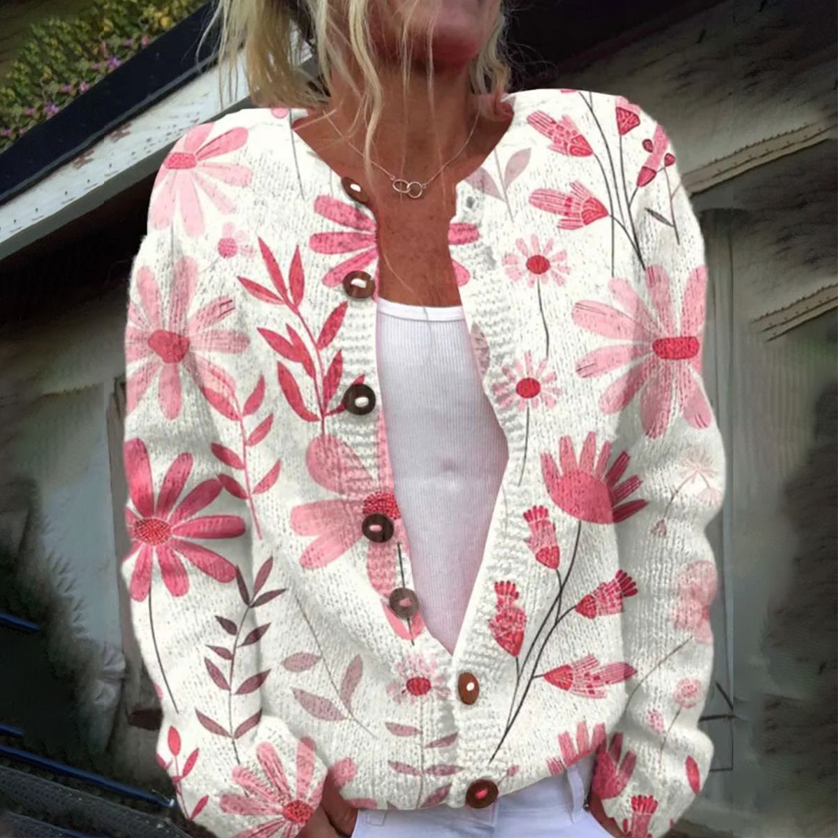 Pink Plant Print Collarless Long Sleeve Cardigan