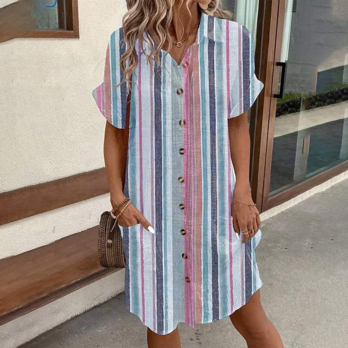 Modern Striped Short Sleeve Mini Dress