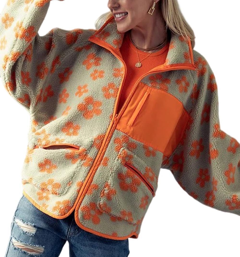 Trendy Stand Collar Zip-Up Fleece Floral Jacket