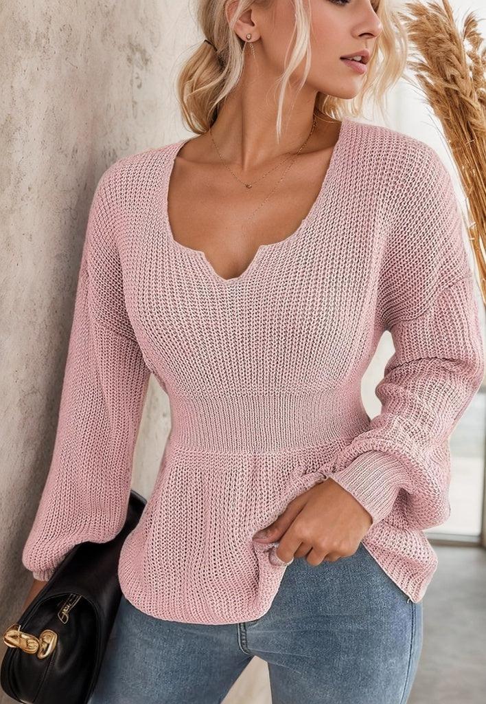 Sweet Pink Plain Notched Neck Long Sleeve Sweater