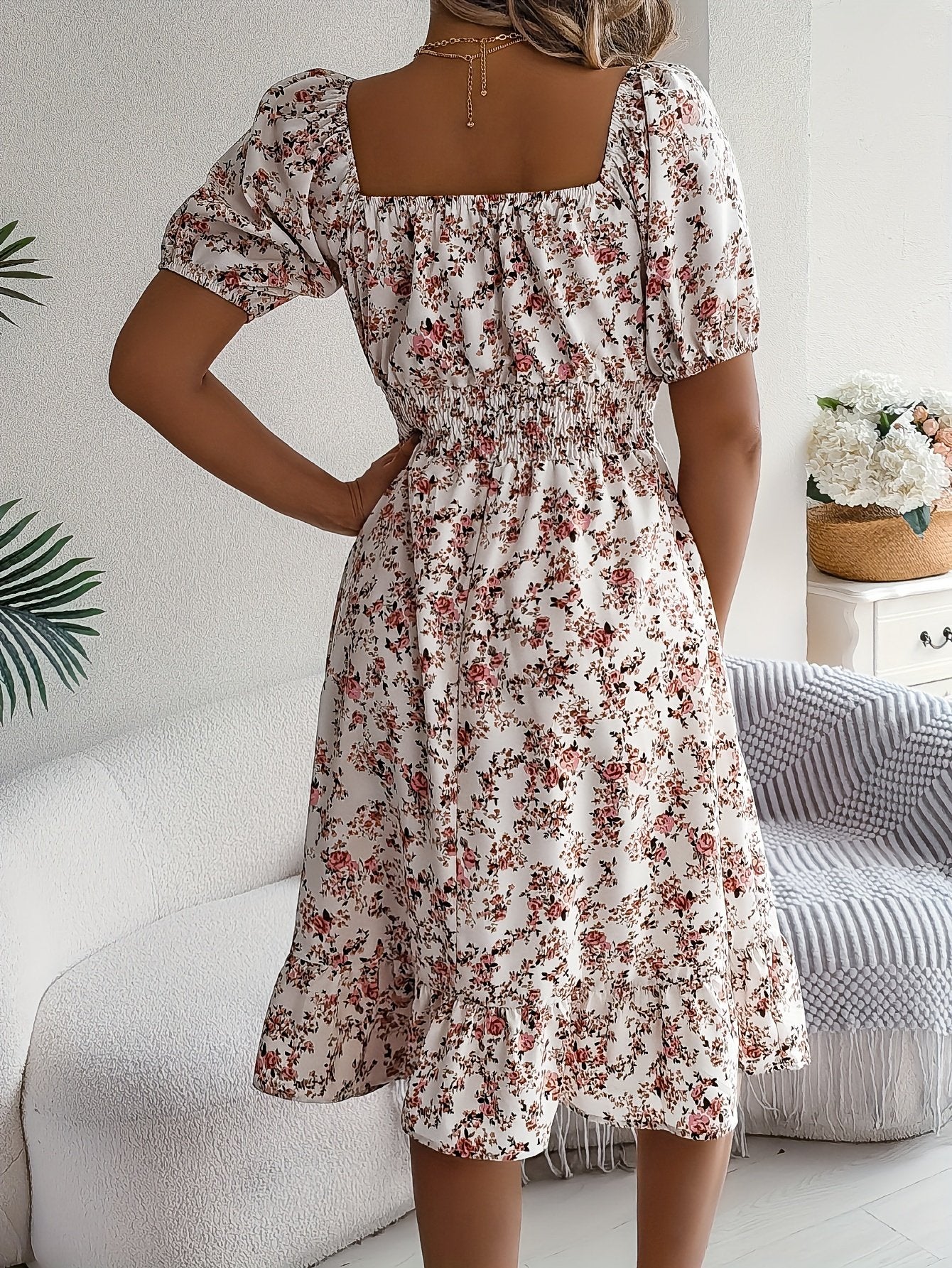 Floral Print Square Neck Midi Dress