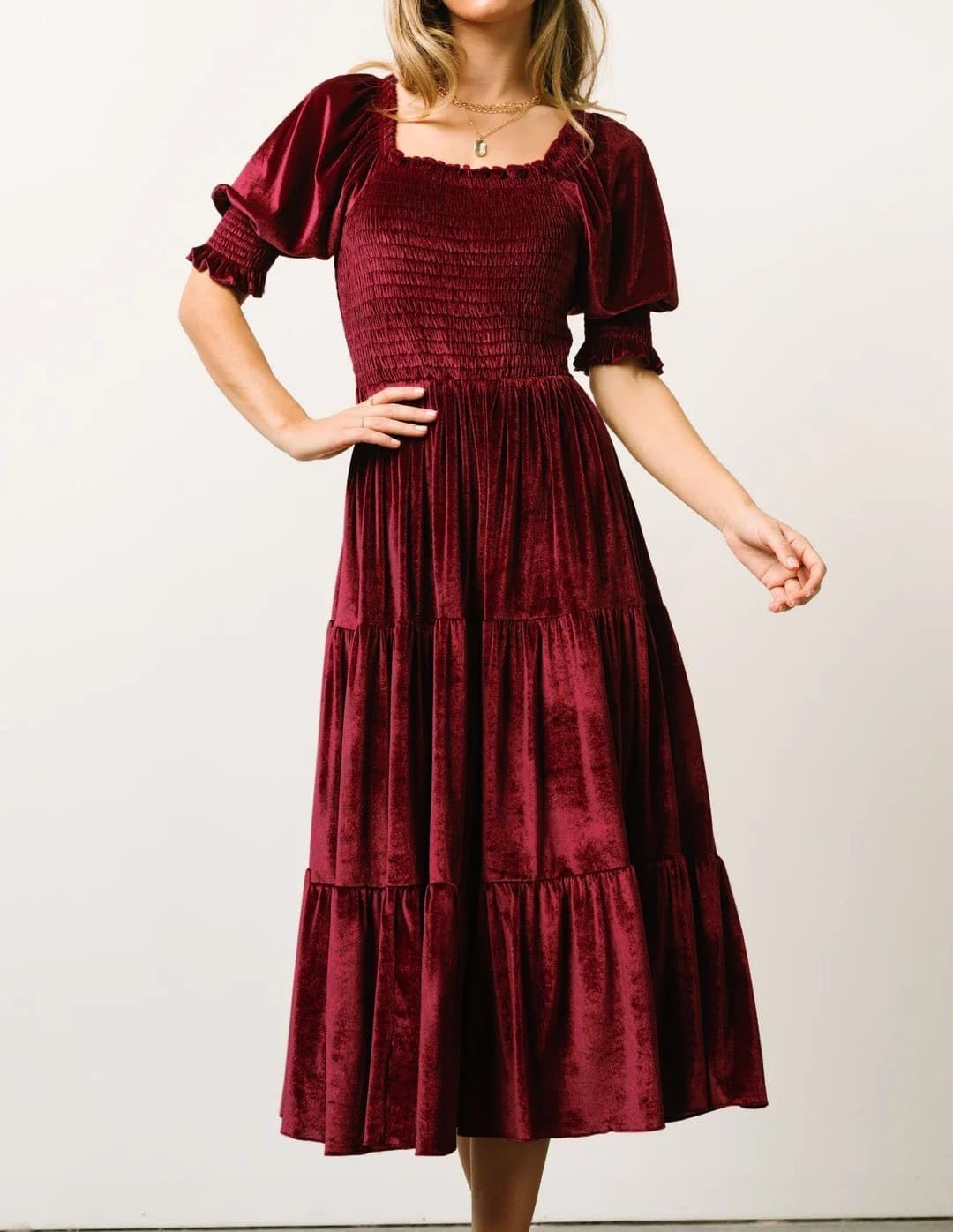 Puff Sleeve Square Neck Smocked Tiered Ruffle Midi Dress