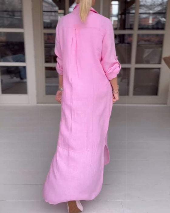 Solid Color Buttoned Lapel Casual Maxi Dress