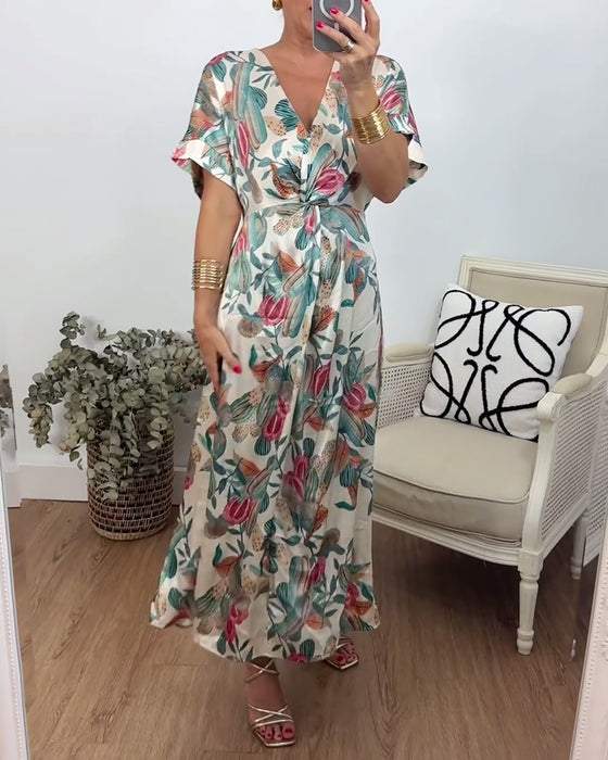 Elegantes Maxikleid mit V-Ausschnitt und botanischem Print 