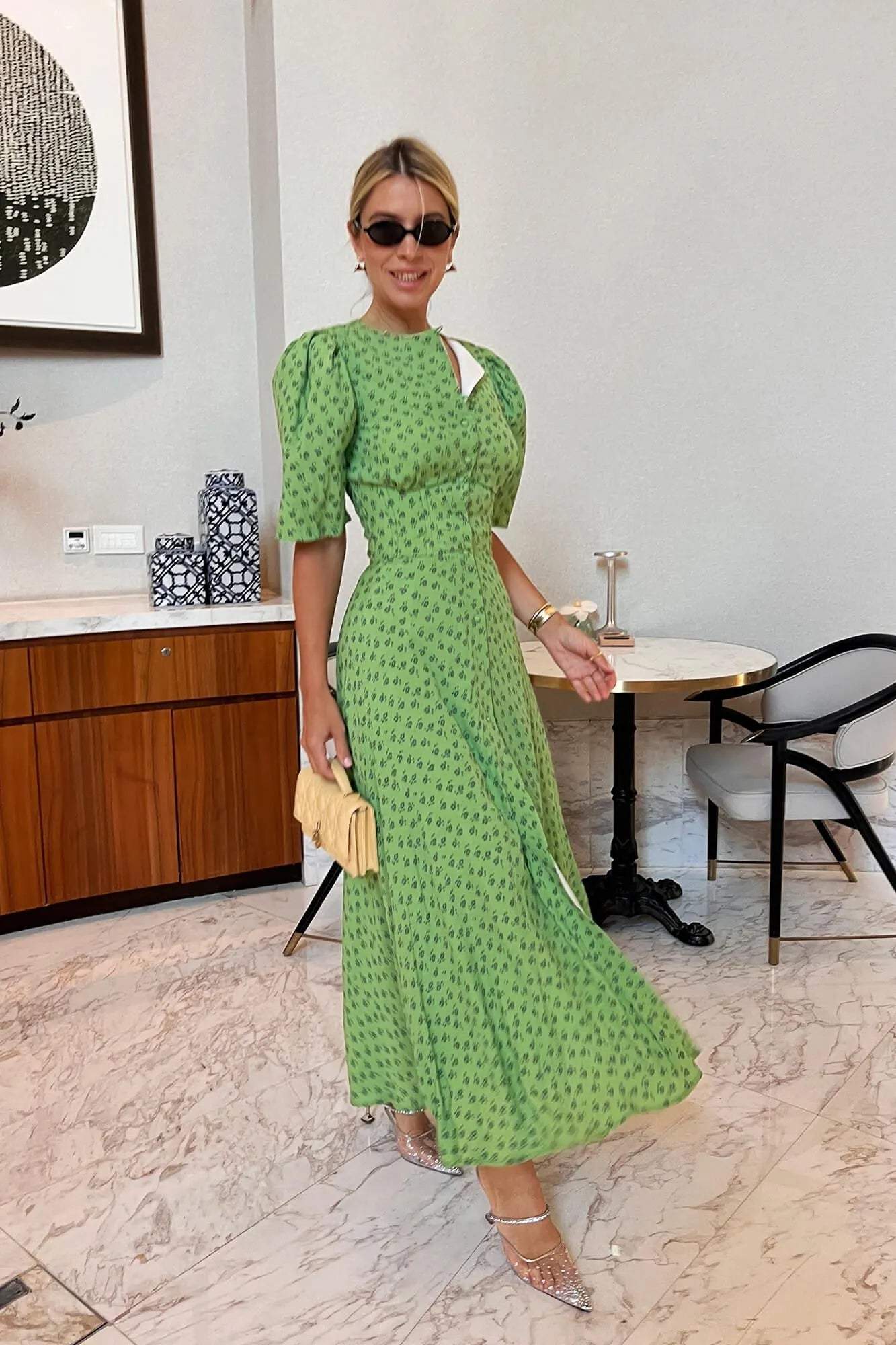 Green Short Sleeve Buttoned Maxi Dress