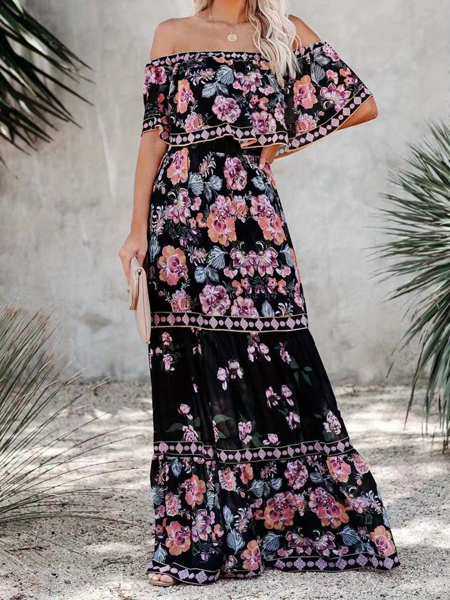 Floral Print Off Shoulder A-line Maxi Dress