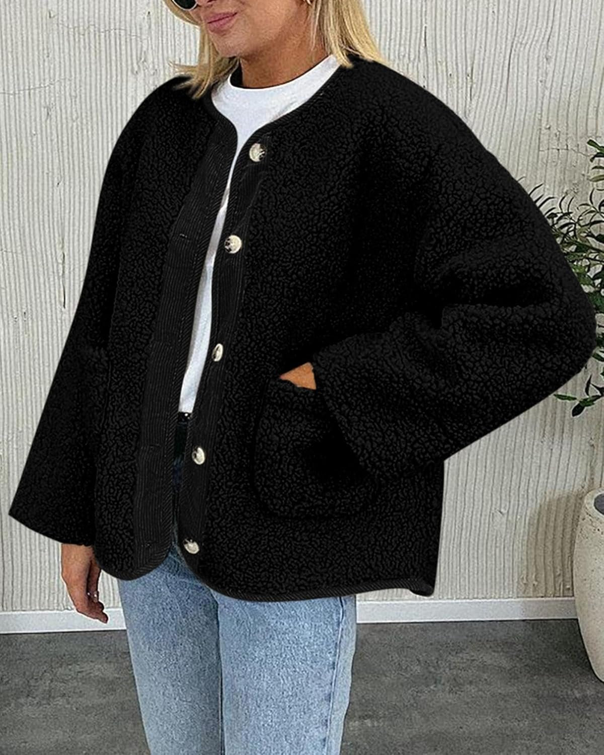 Casual Fuzzy Fleece Long Sleeve Button Jacket