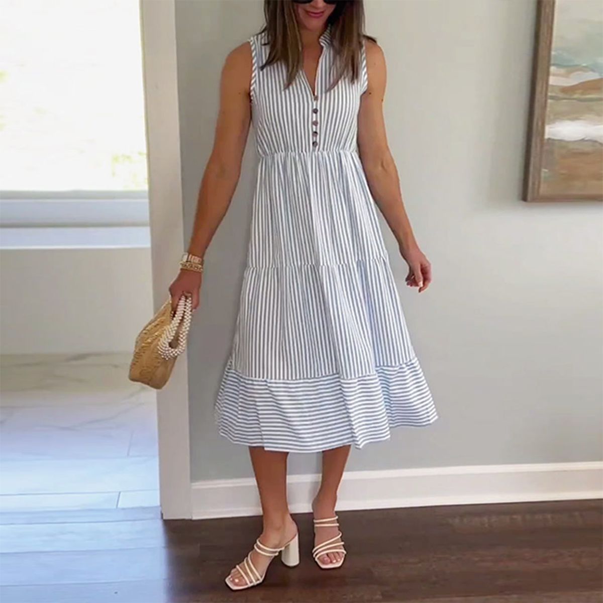 Trendy Striped Print V-Neck Midi Dress