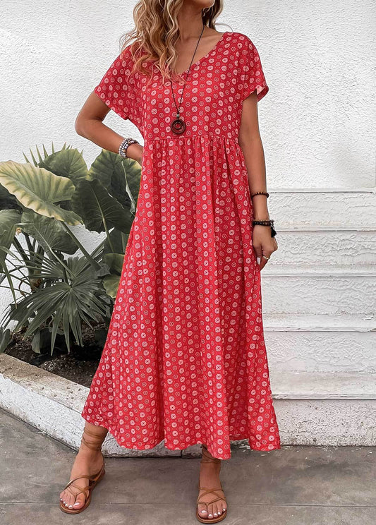 Red Pocket Geometric Print Maxi A Line Dress