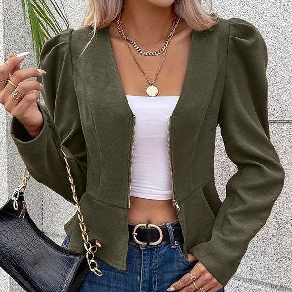 Manteau d'extérieur uni vert vintage à col en V 