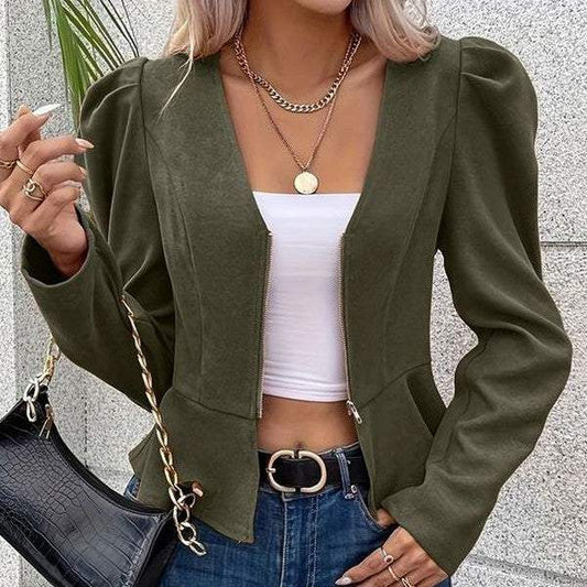 Vintage Green Plain V-Neck Outerwear