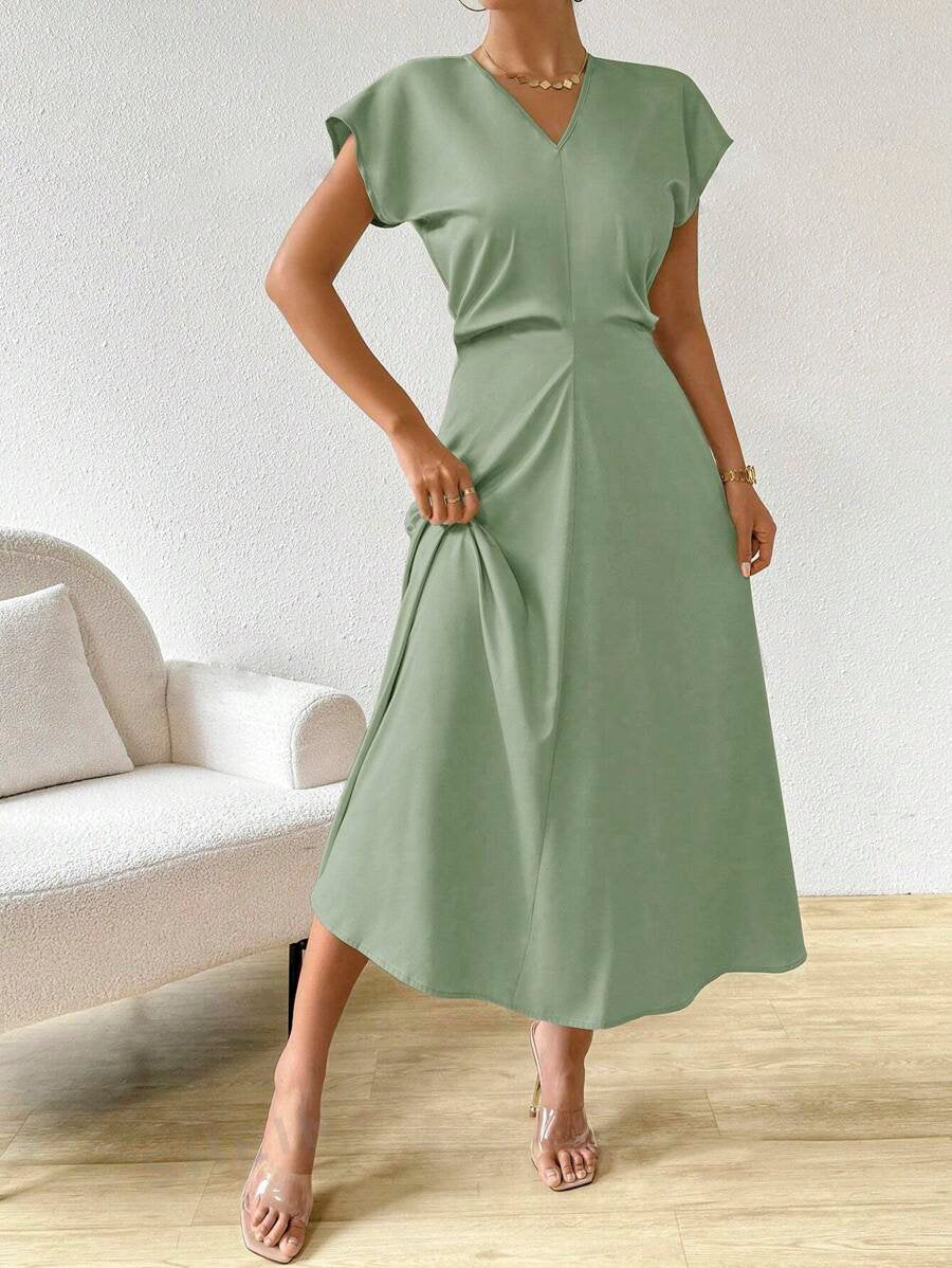 Solid V-Neck Batwing Sleeve Satin A-Line Maxi Dress