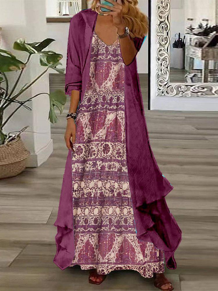 Chic Purple Print Maxi Dress With Jacket