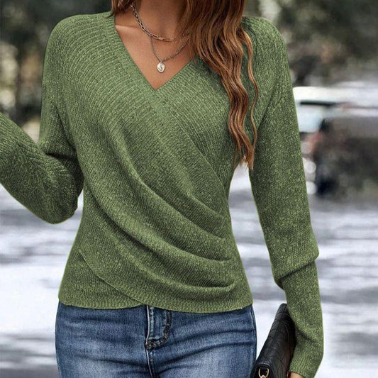 Green Plain V-Neck Long Sleeve Sweater