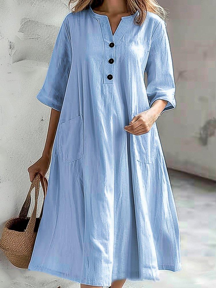 Blue Plain Short Sleeve Midi Dress