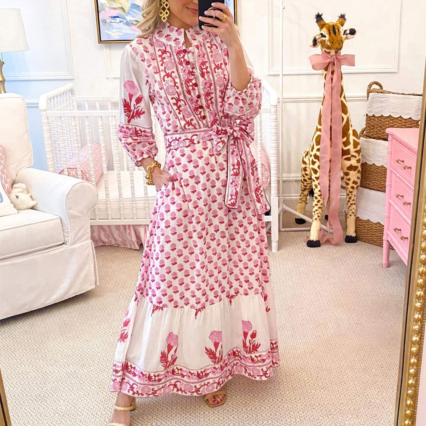 Sweet Long Sleeve Round Neck Maxi Dress