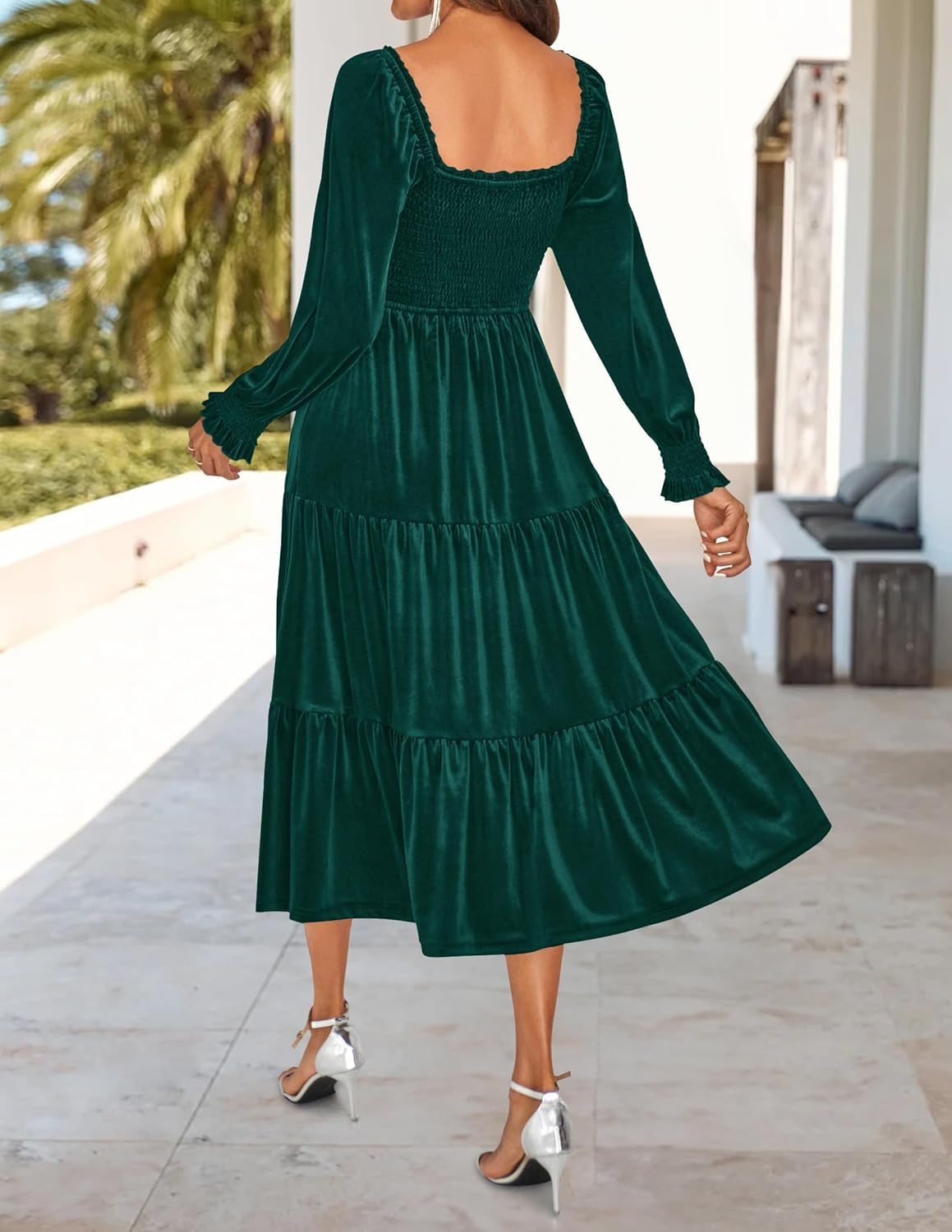 Chic Velvet Long Sleeve Pockets Midi Dress