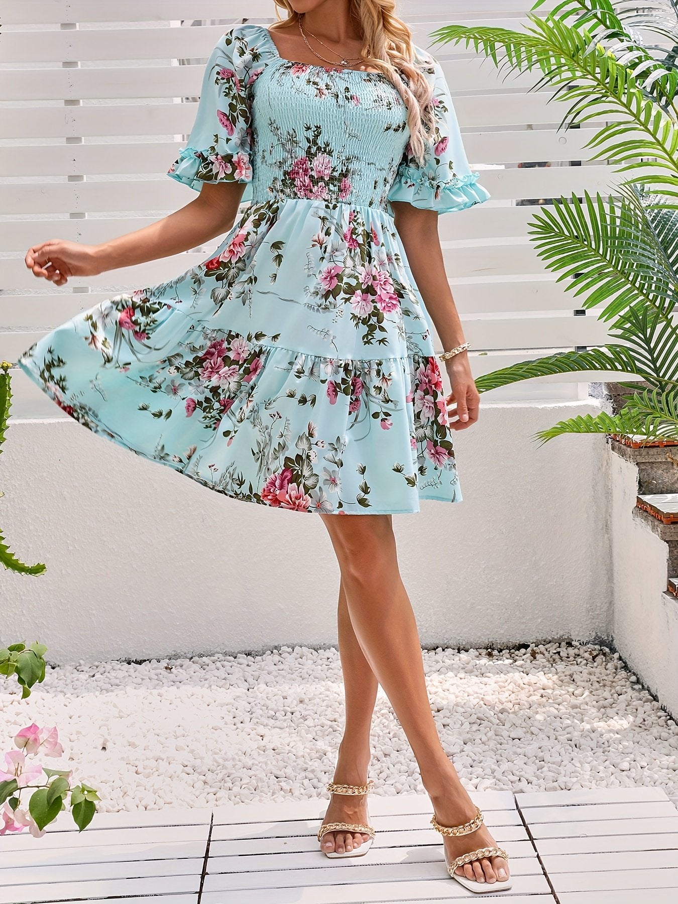 Pink Charming Floral Print Short Sleeve Mini Dress