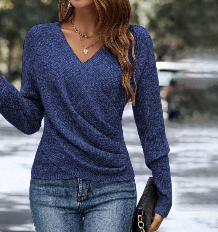 Navy Plain V-Neck Long Sleeve Sweater