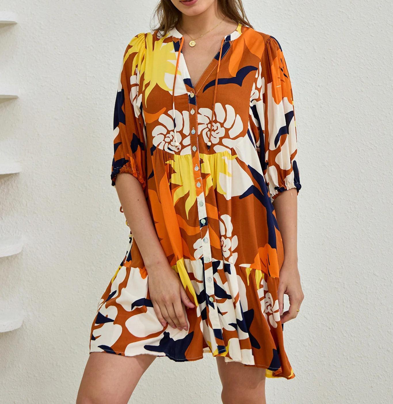 Popular Orange V-Neck 3/4 Sleeve Mini Dress