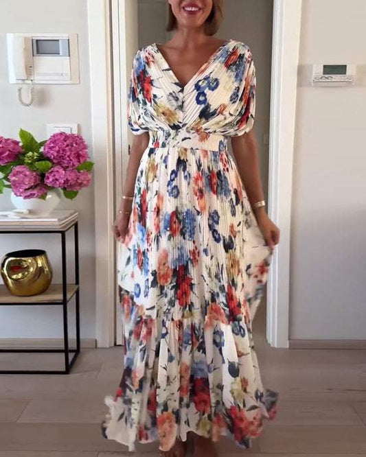 Elegant Floral Pleated Maxi Dress