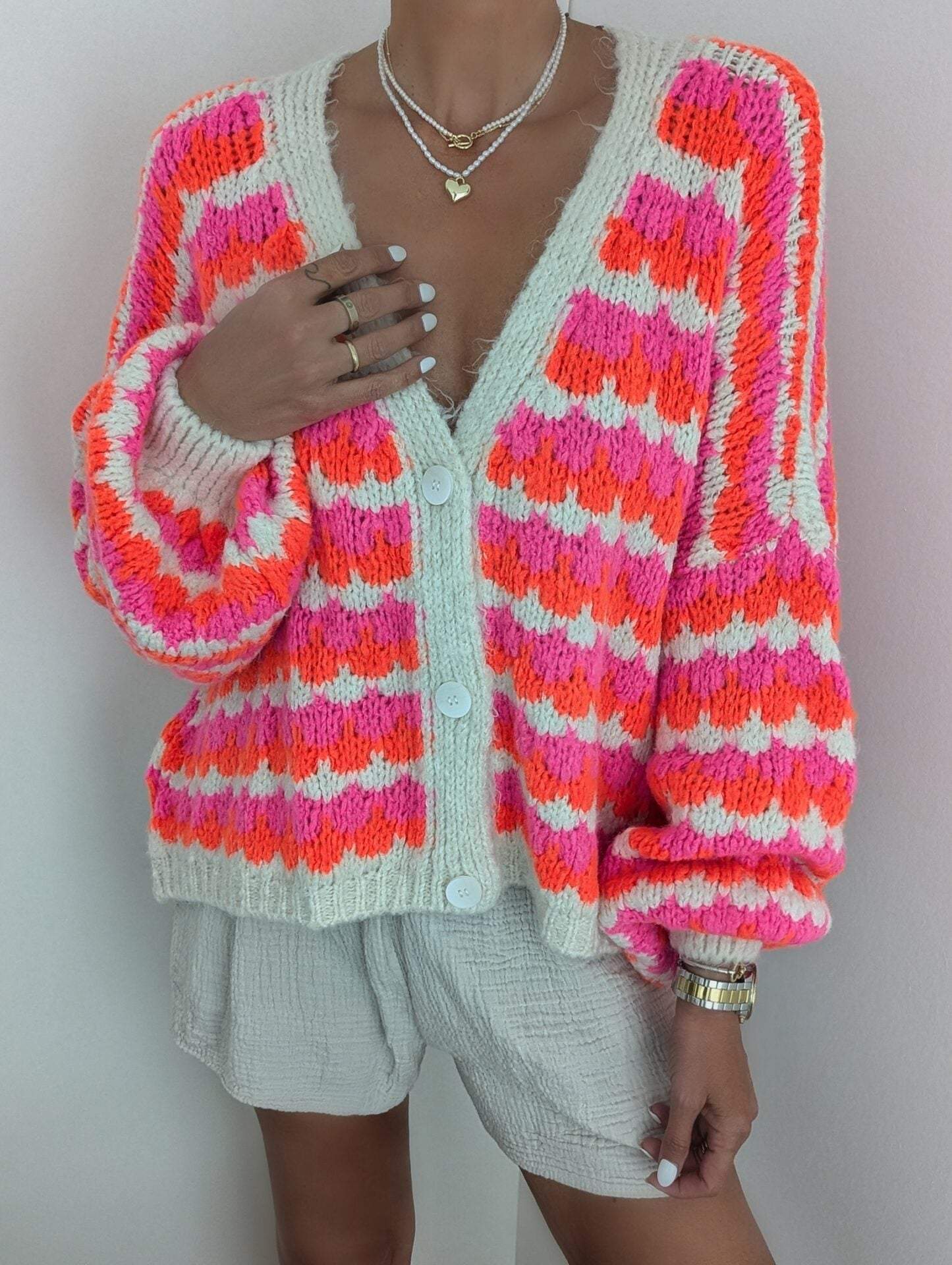 Attractive Print Long Sleeve Pink Sweater