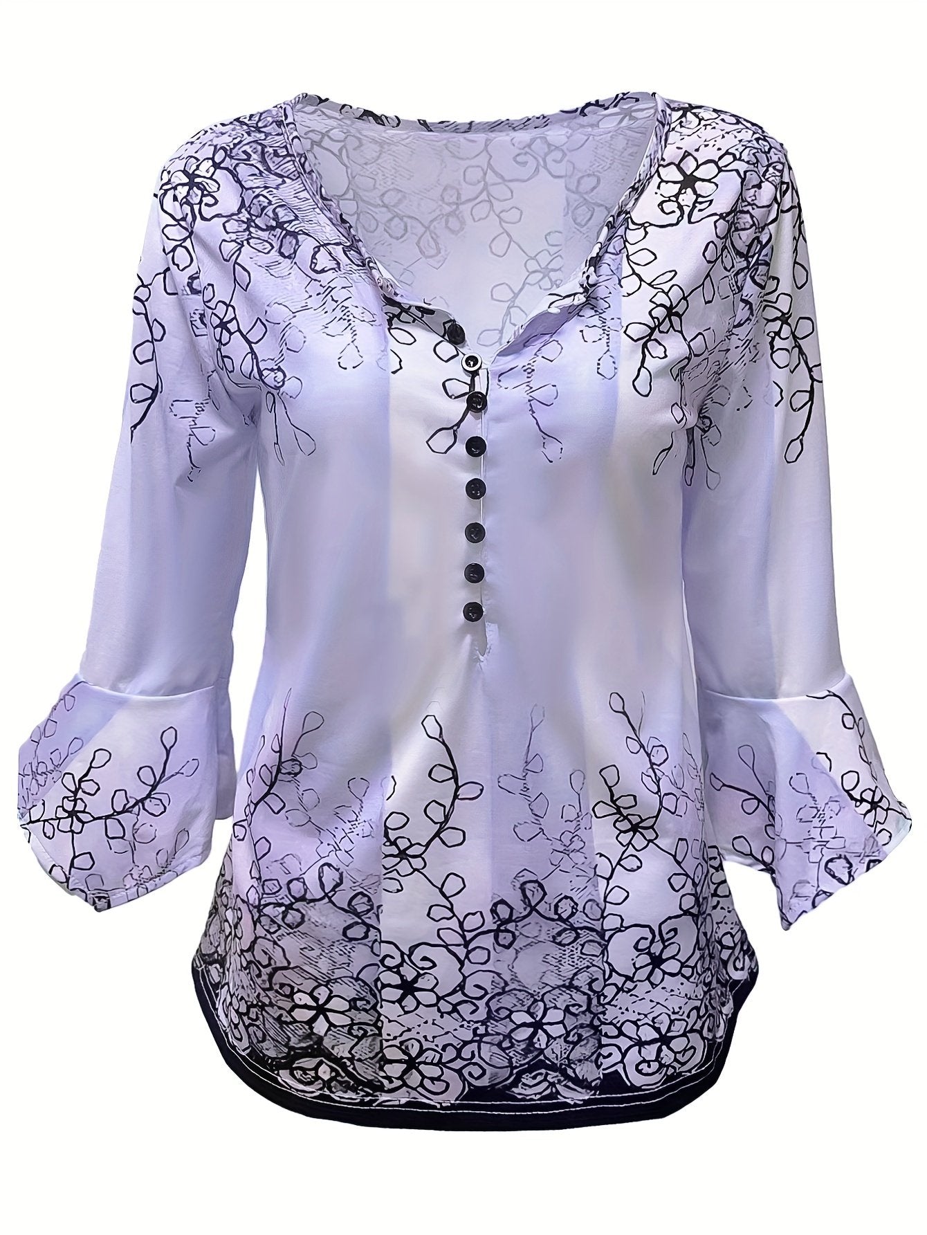 Floral Print Button 3/4 Sleeve V-Neck Top