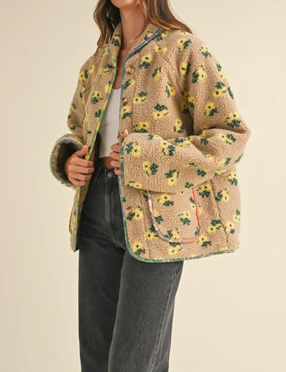 Trendy Floral Print Fleece Button Jackets