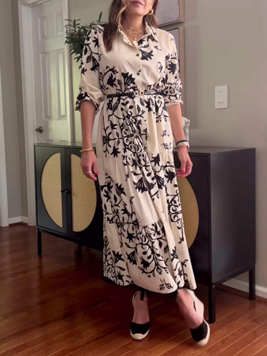 Stylish Collared Printed Long Sleeve Maxi Dress