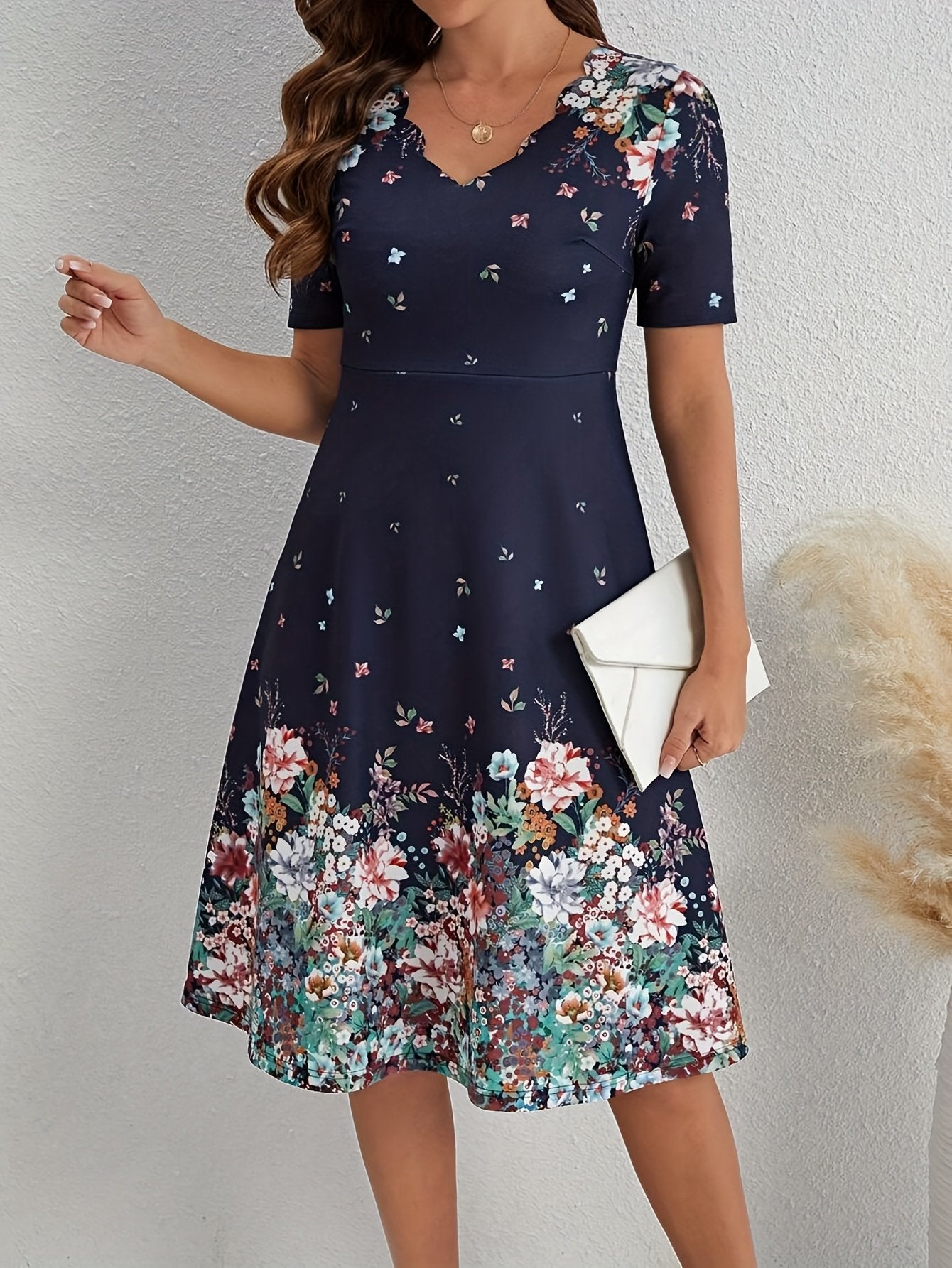 Navy Short Sleeve Stunning Floral Midi Dress